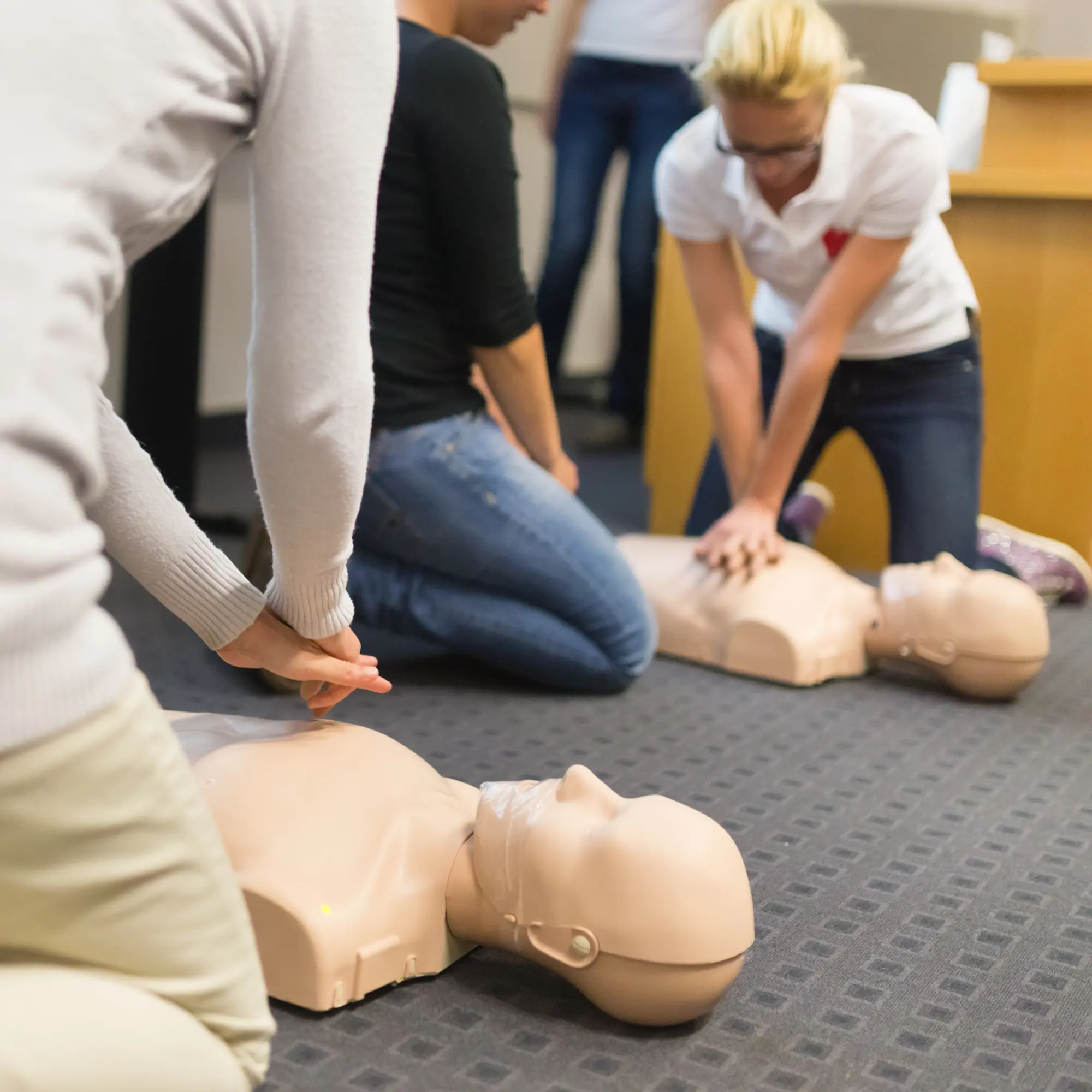 Group of people practicing CPR on training manikins, performing chest compressions during a first aid course indoors.